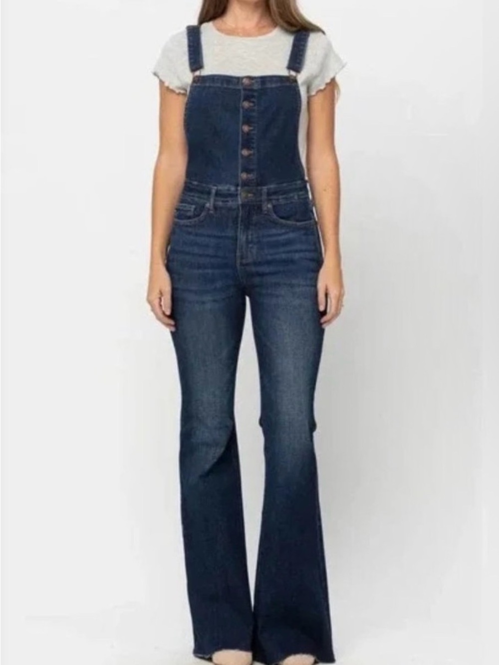 Judy Blue Stretch Flare Overalls - Women’s Size Medium - Raw Hem Dark Wash
